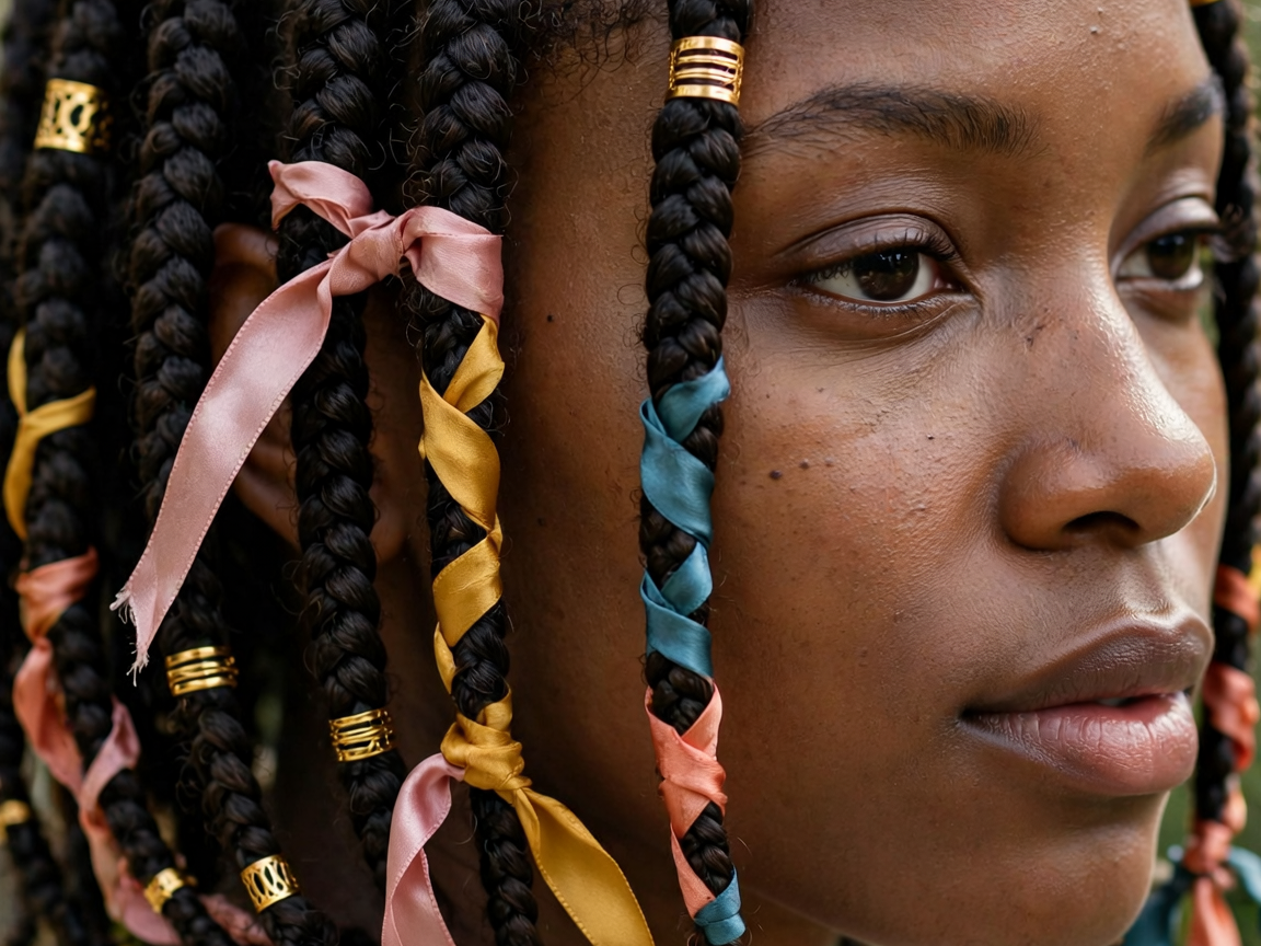 Box braids curtas com mechas jumbo e fitas de cetim coloridas