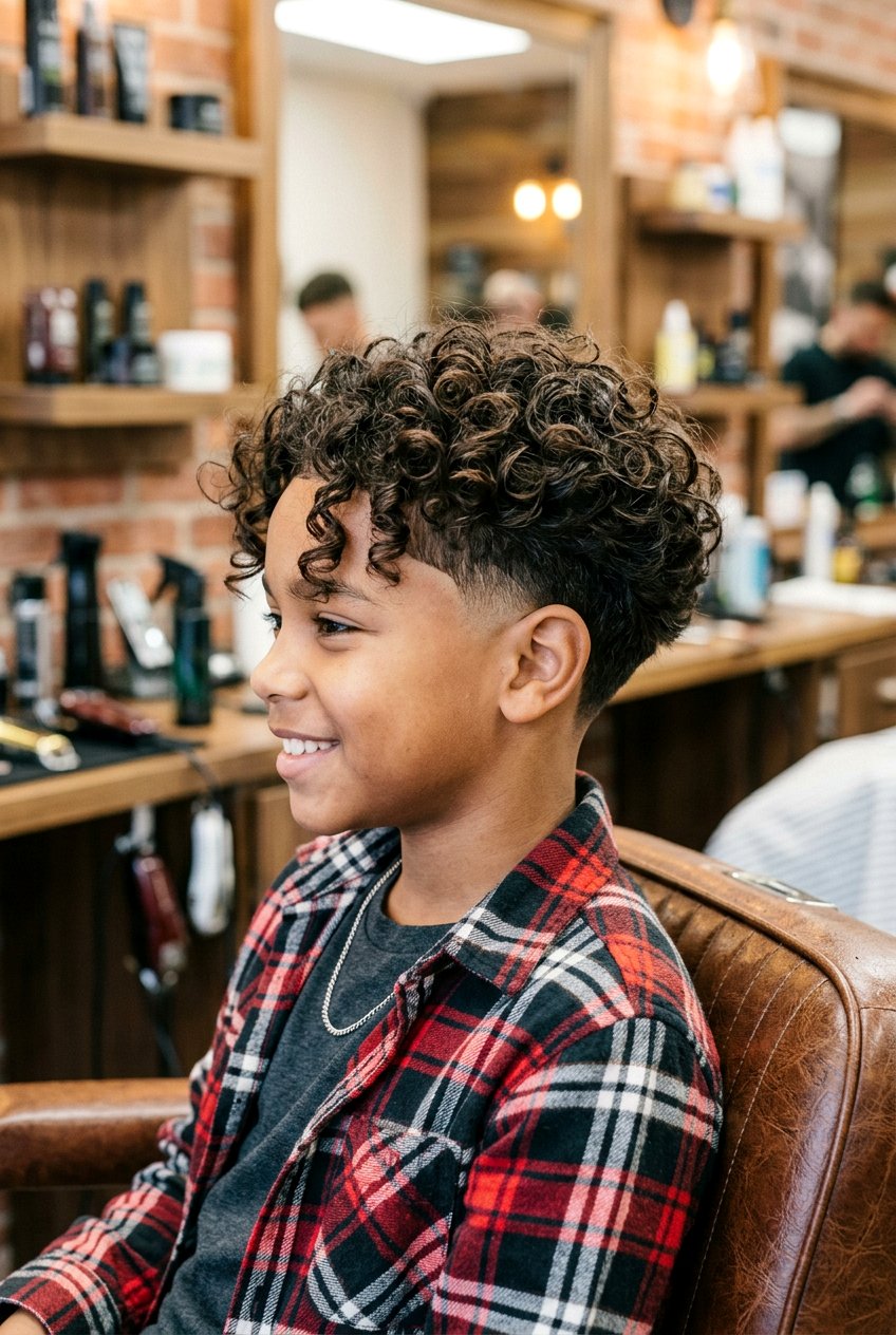 criança de cabelo crespo com corte infantil de fade e topo volumoso