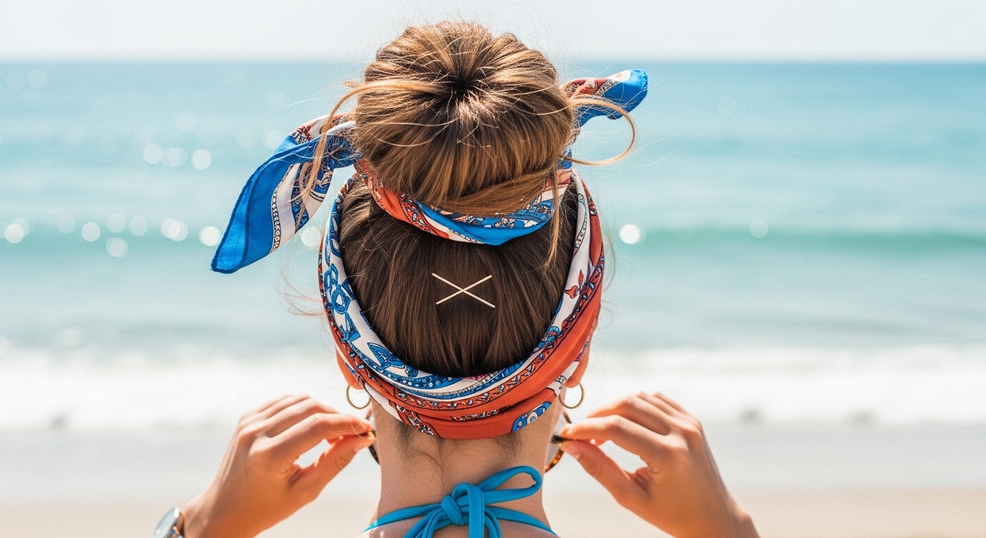 Mulher de cabelo cacheado e crespo se protegendo do sol na praia
