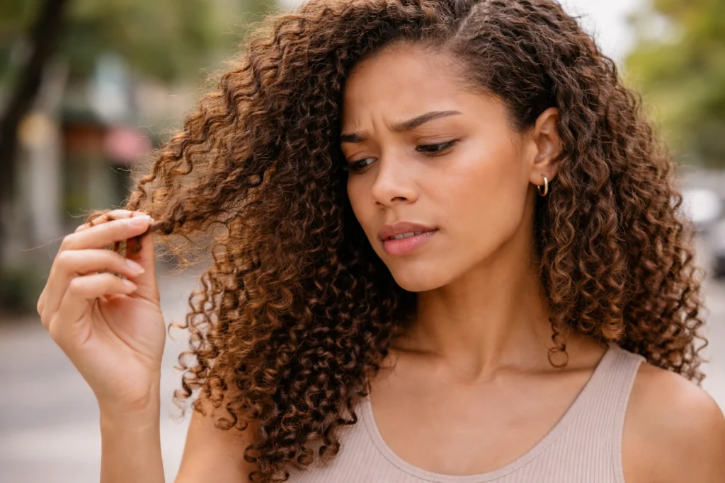 Mulher na praia brasileira com cabelo afetado pela maresia e umidade