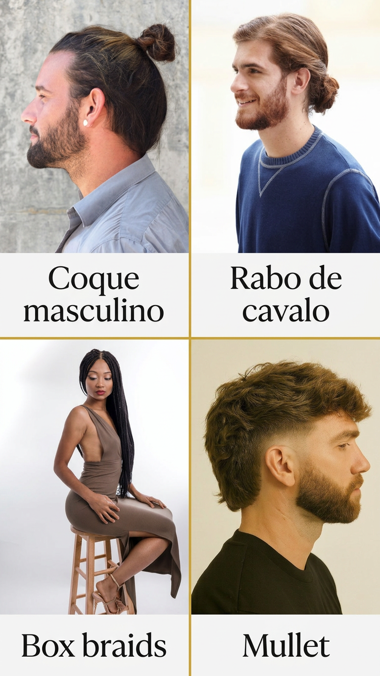 Penteados masculinos de cabelo mais longo: coque, rabo de cavalo, box braids e mullet
