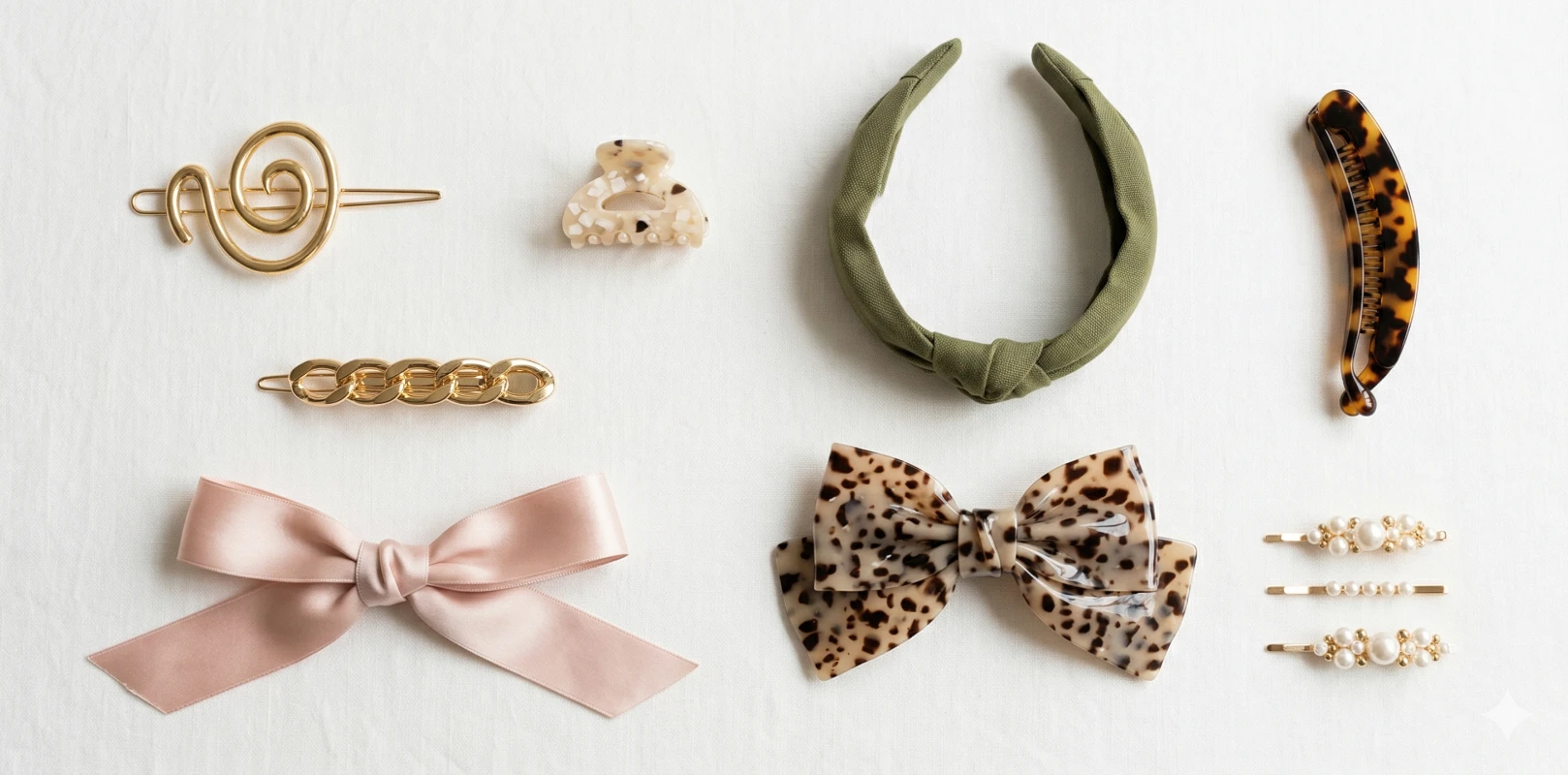 Elásticos de tecido, tiaras acolchoadas e xuxinha de cetim para o dia a dia