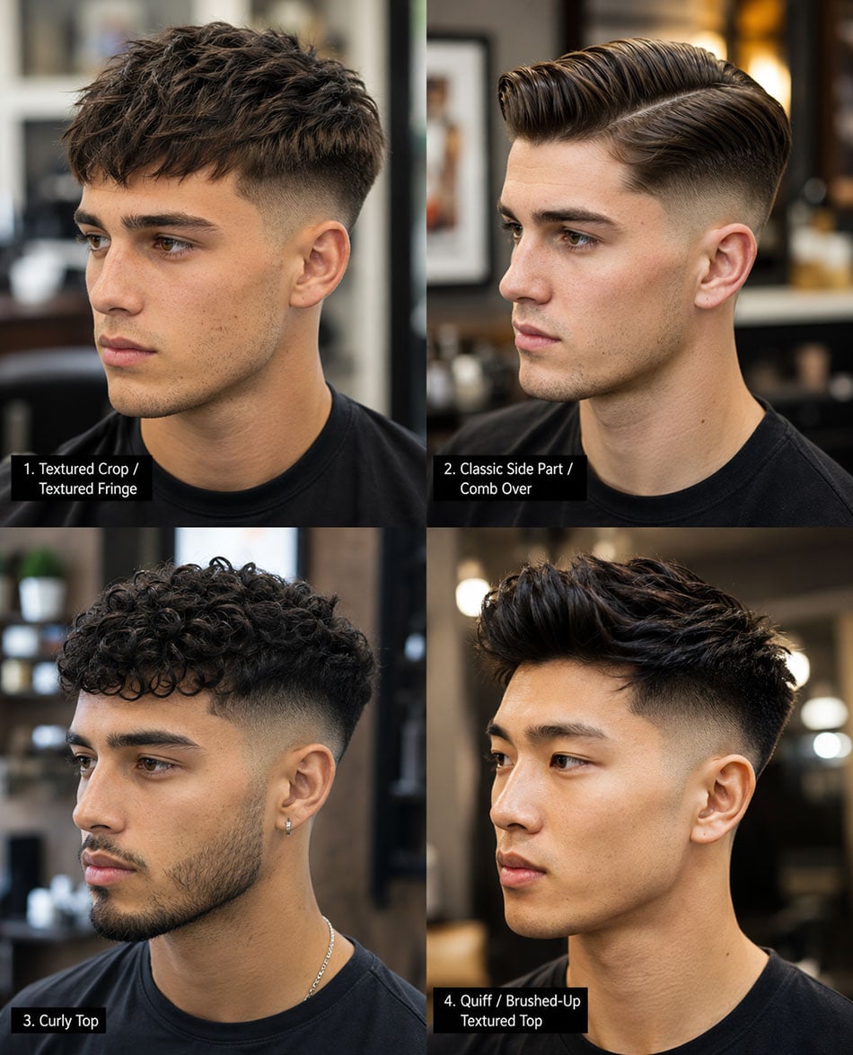 Mid fade subindo até a têmpora, corte versátil para cabelo liso ou ondulado