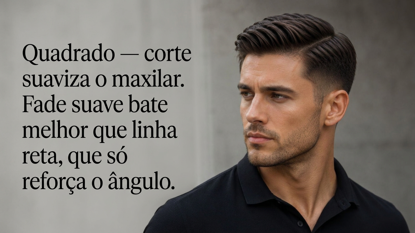 Rosto quadrado masculino com fade suave, corte que suaviza o maxilar