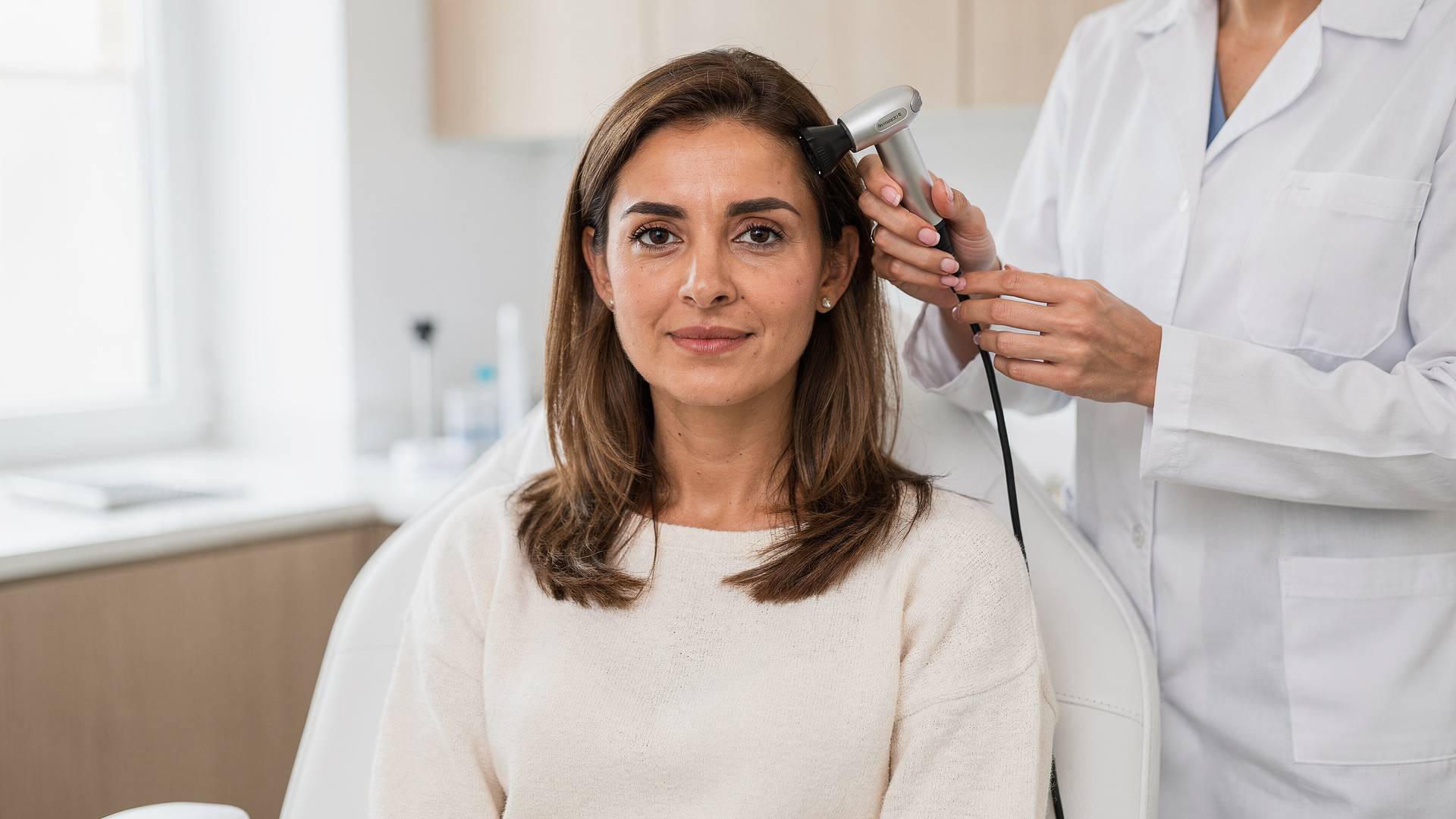 Dermatologista examinando o couro cabeludo com tricoscópio em consultório brasileiro