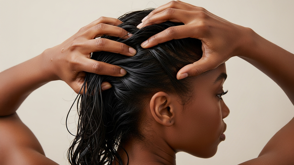 Mulher aplicando óleo puro no cabelo seco para umectação capilar