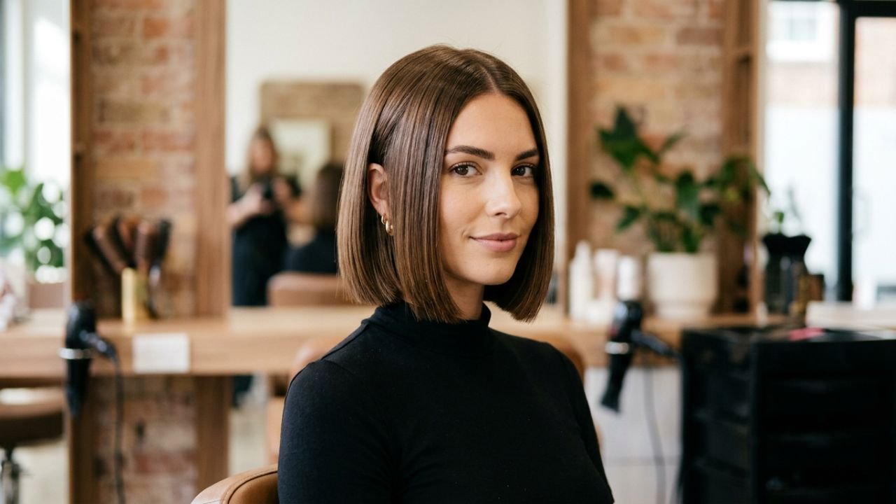 Bob reto na altura do queixo em cabelo liso fino, com as pontas cortadas na mesma linha