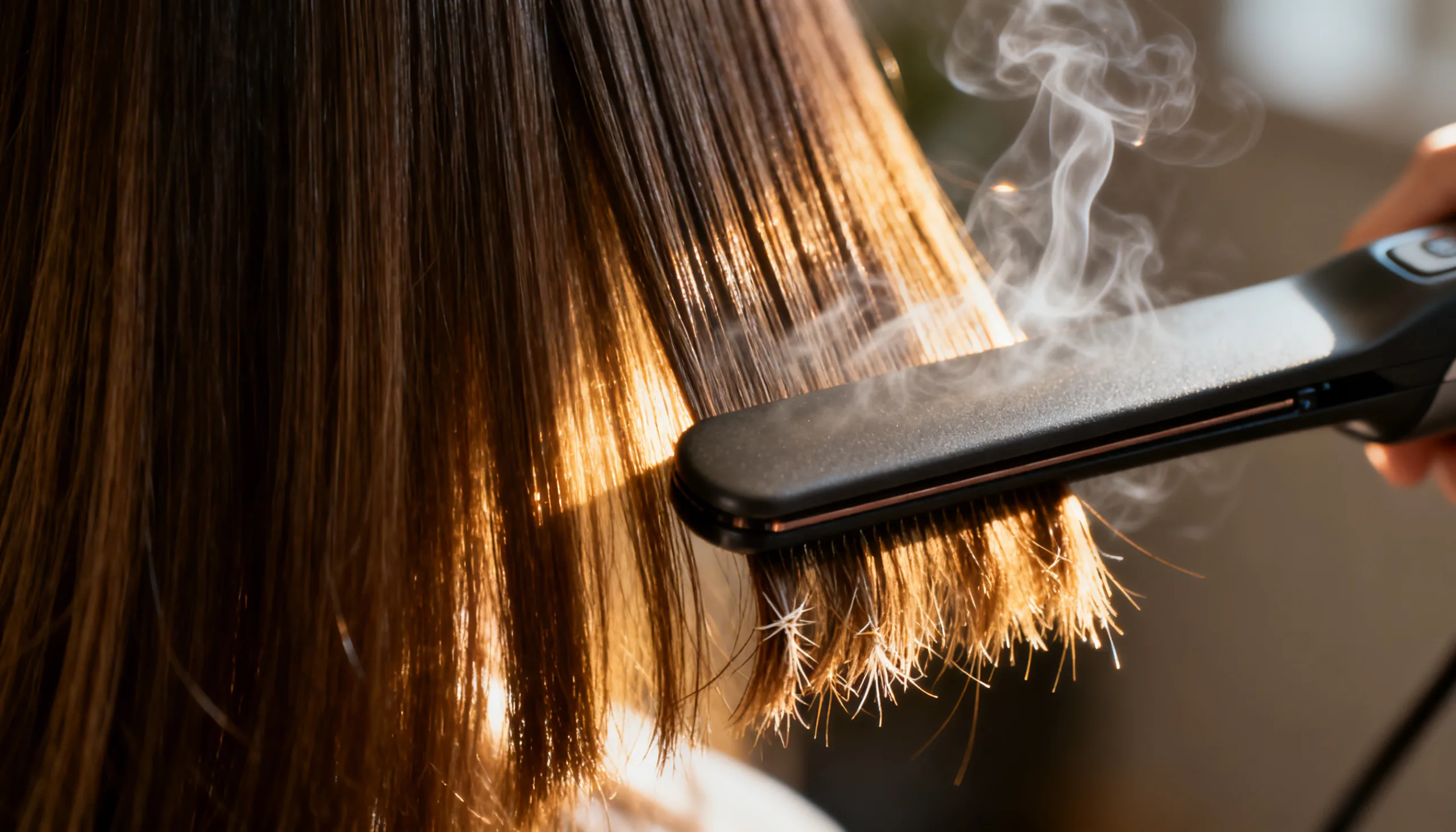 Mulher usando chapinha no cabelo, com fumaça sutil indicando cheiro de queimado