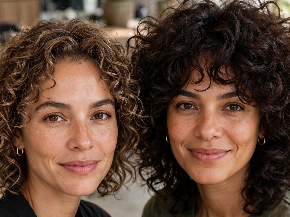 Duas mulheres de cabelo cacheado lado a lado: uma com cachos de menos volume e outra com cabelo cacheado cheio e volumoso com franja, no estilo shaggy