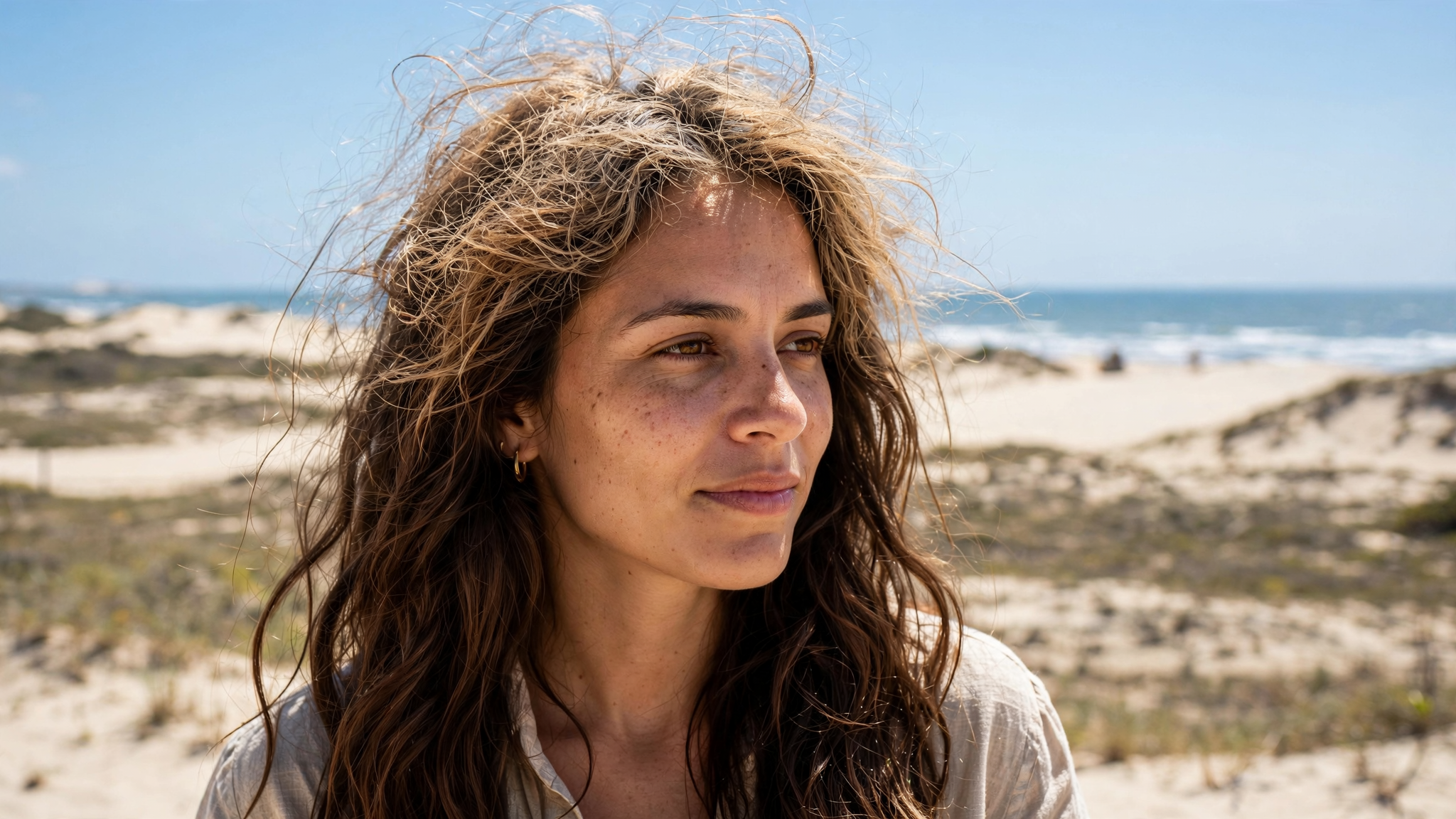 Mulher de cabelo ondulado longo na praia sob sol forte, com o topo ressecado, arrepiado e clareado pelo sol e o comprimento mais escuro