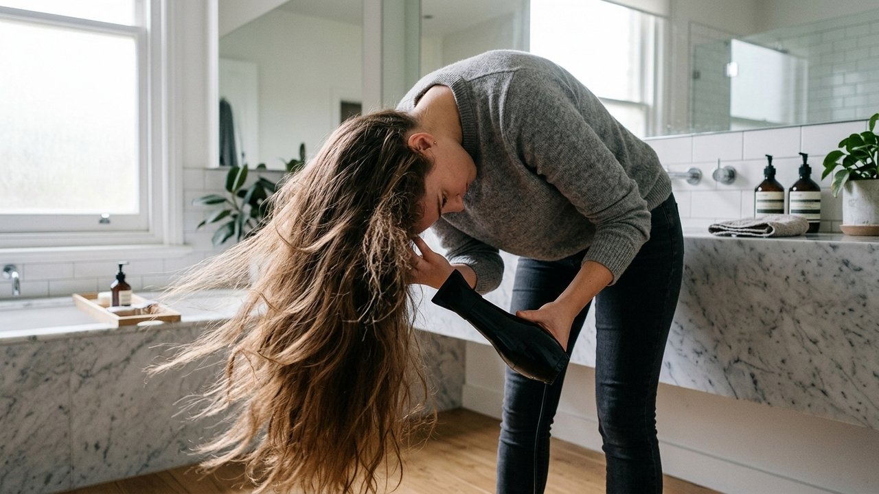 Mulher de cabelo fino aplicando máscara de hidratação capilar só do meio para as pontas, sem tocar a raiz