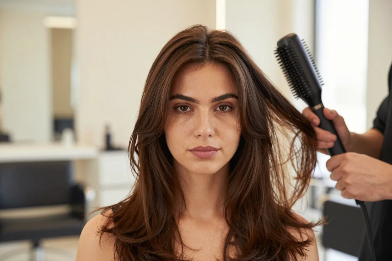 Long bob reto em rosto comprido, terminando um pouco abaixo do queixo e com camadas a partir das maçãs do rosto