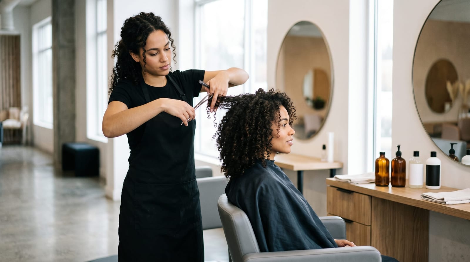 Cabelo cacheado na altura dos ombros com camadas baixas e volume nas laterais, o melhor corte para rosto comprido