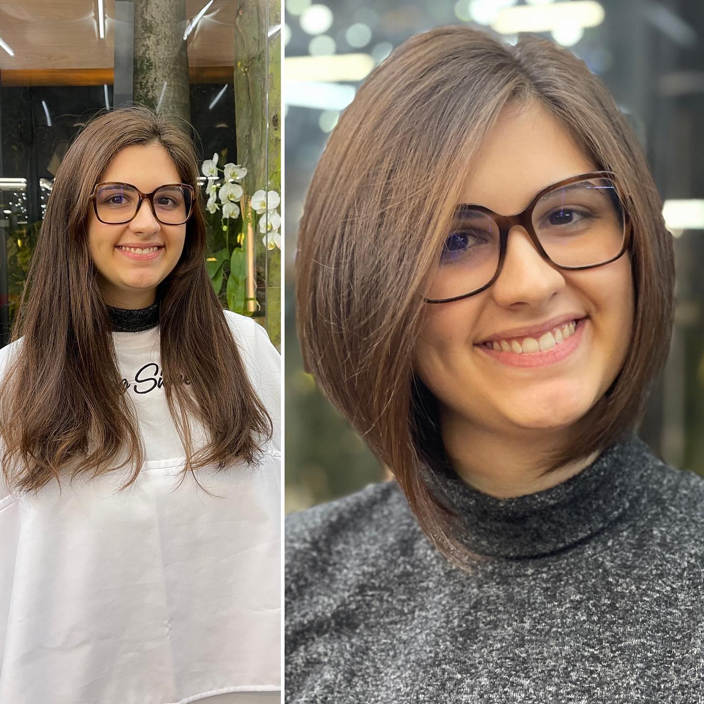 Comparação em mulher de rosto redondo: repicado marcado deixa o cabelo fino ralo; base reta encorpa as pontas
