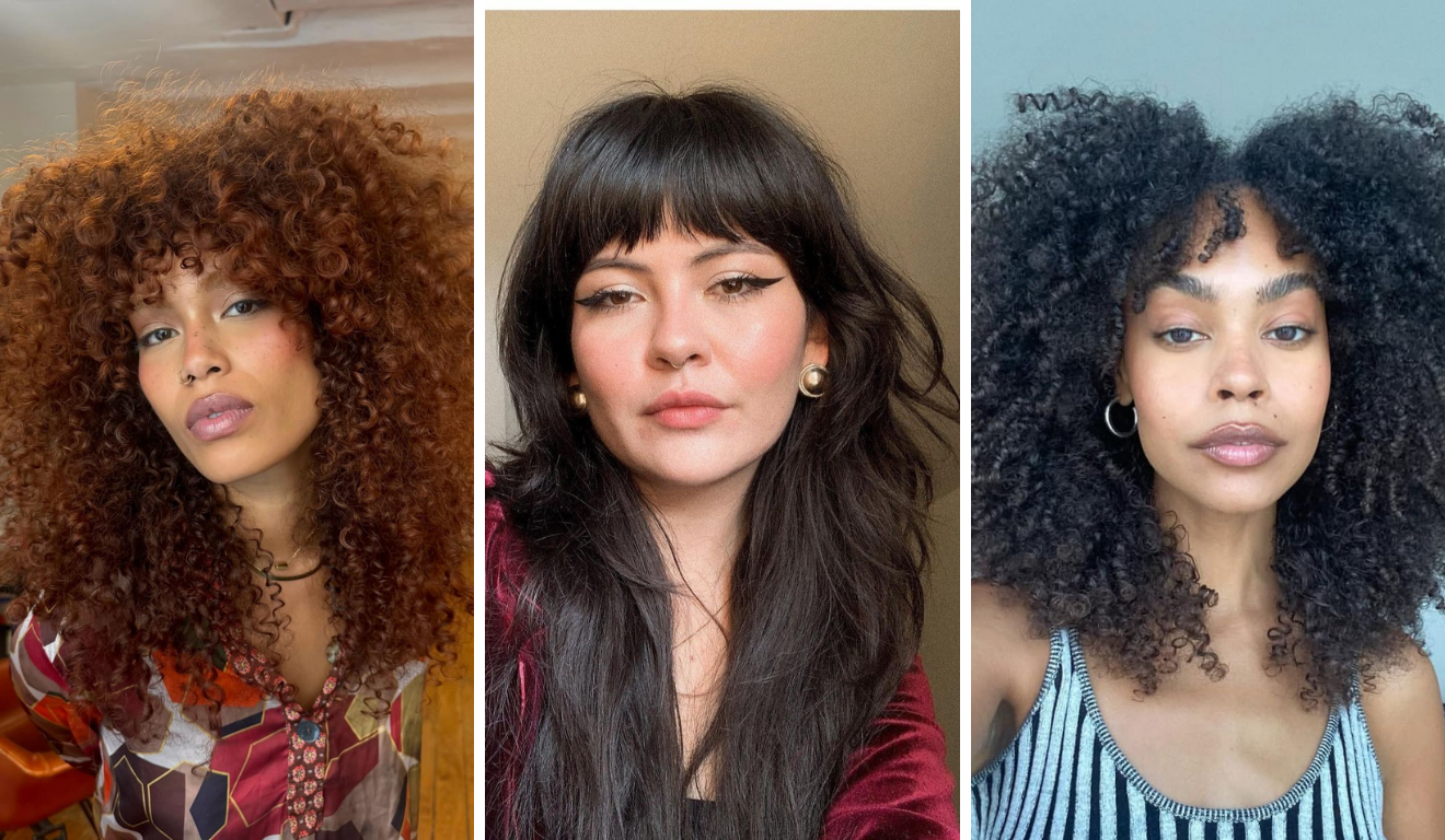 Três franjas por tipo de cabelo em rosto comprido: franja reta em fio grosso, cortina em fio fino e franja cacheada