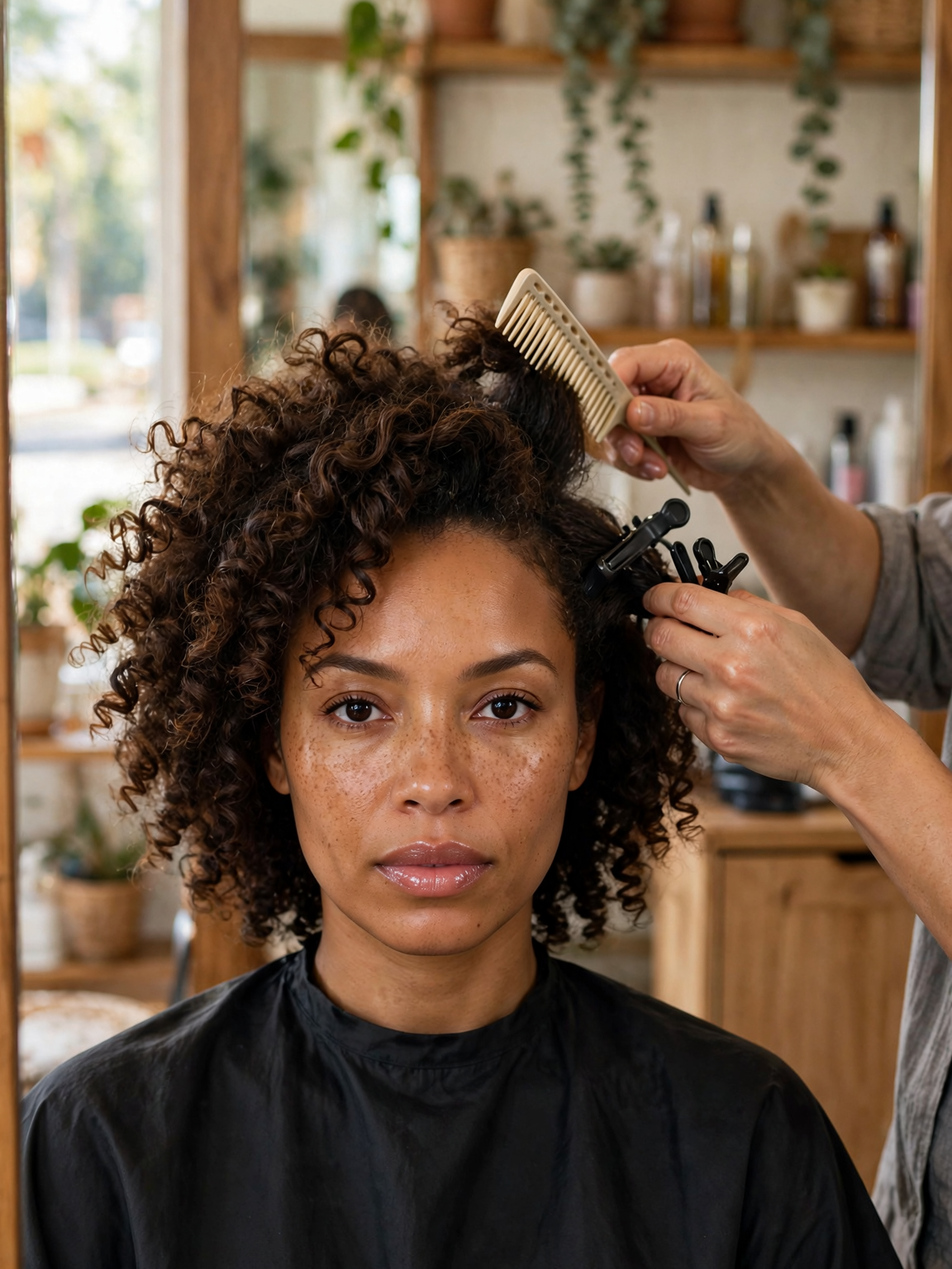 Cabeleireira separando mechas nas laterais de cabelo cacheado volumoso com pente e presilhas antes do corte em camadas